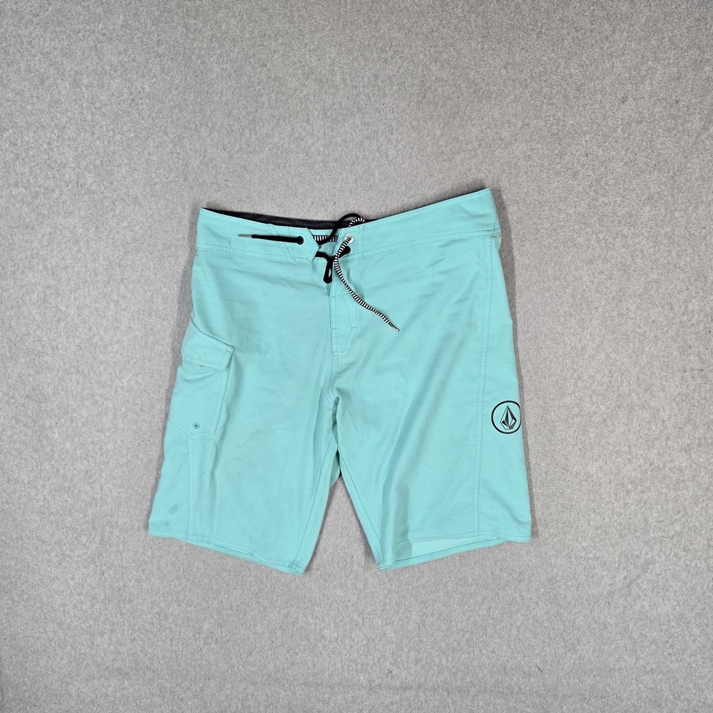 Volcom Men Swimwear 32 Blue Board Shorts Cargo Logo Drawstring 11" Inseam READ